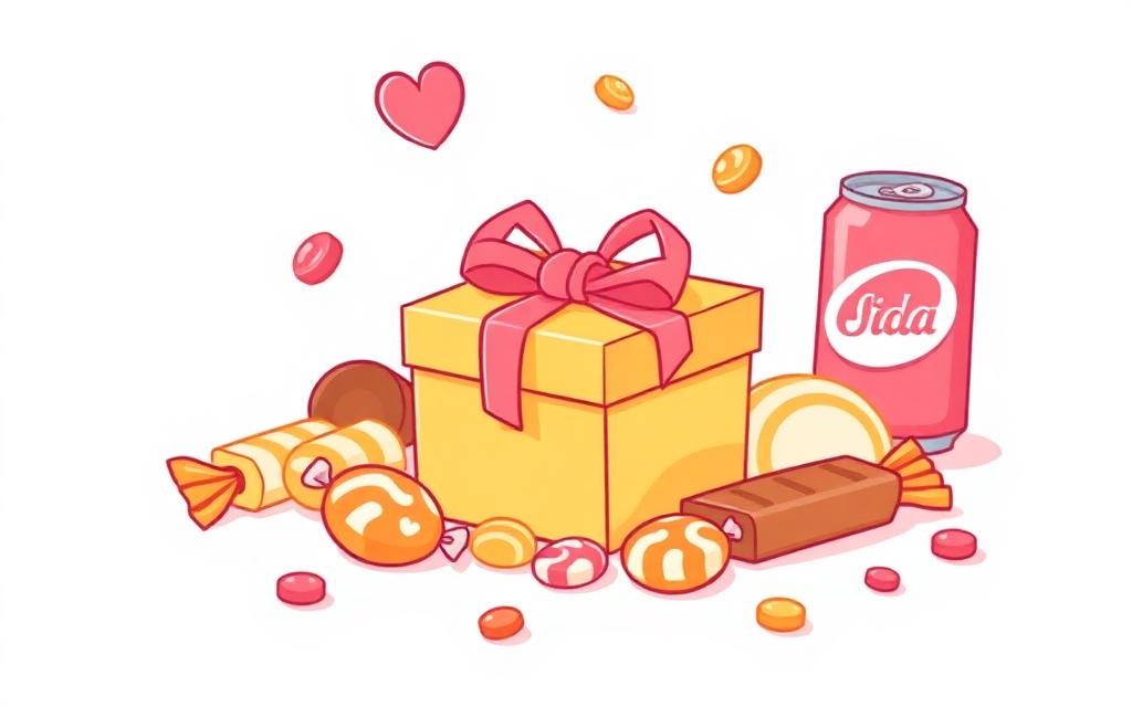 Cadeau surprise avec bonbons, chocolat et boisson offerts aux clients