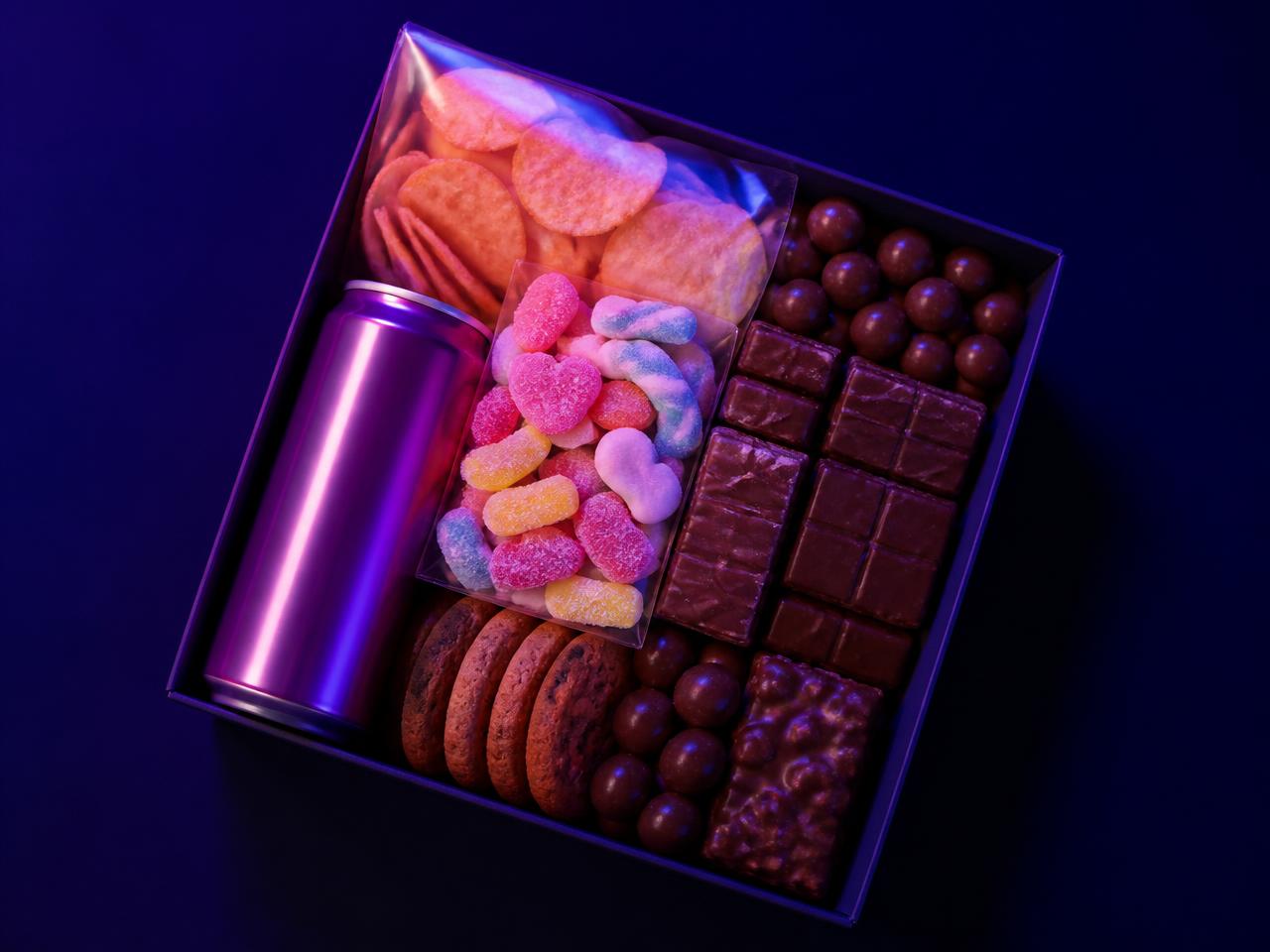 Aperçu d'une formule sur mesure Pipa SHOP : chips, bonbons, chocolats, cookies et boisson dans une box